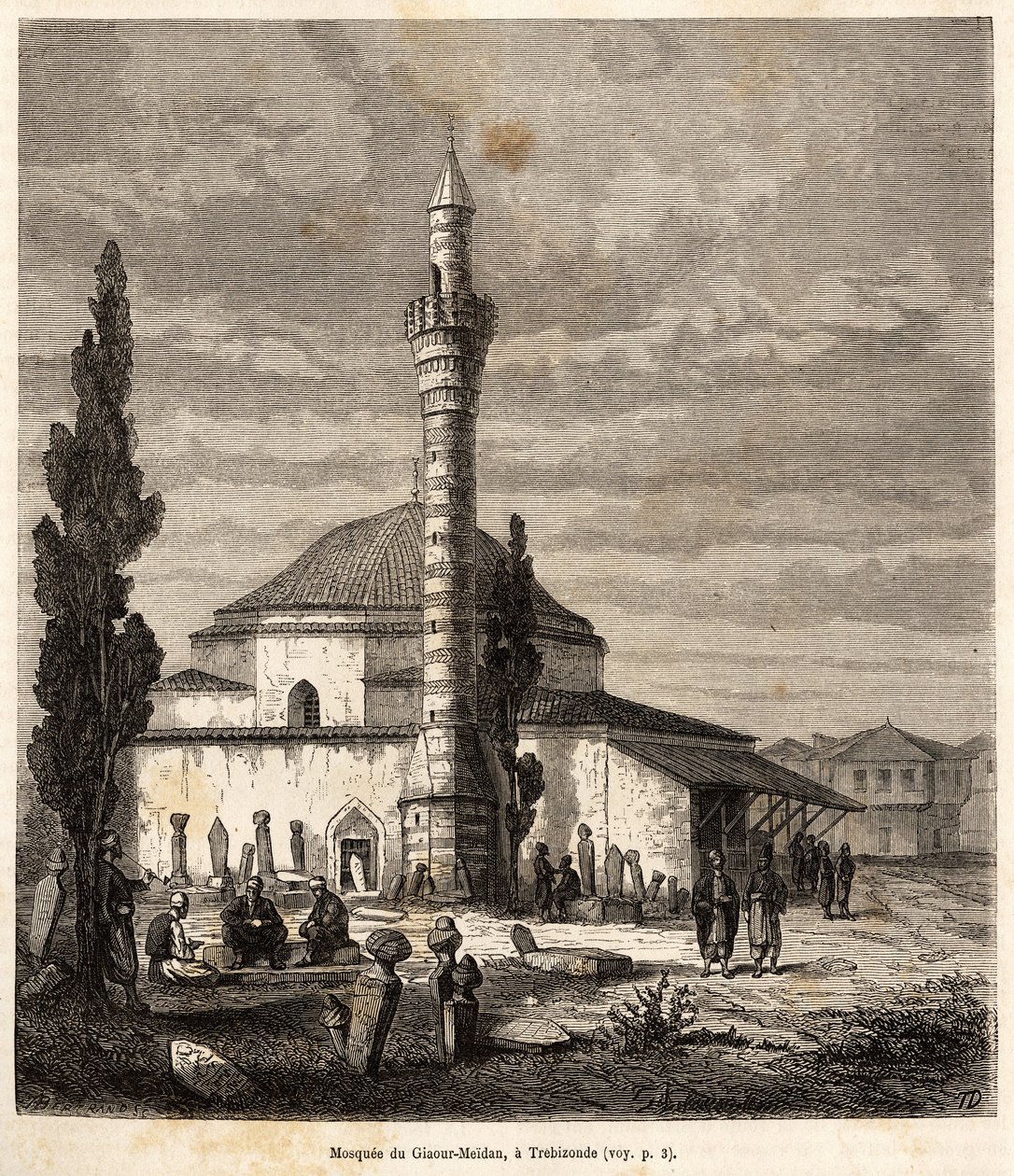 Mešita Giaour-Meidan (Giaour Meidan) v Trebizonde (dnešní Trabzon, na pobřeží Černého moře, Turecko), která byla kdysi byzantským kostelem, vyryta podle kresby vypravěče, ilustrující cestu do Lazistanu a Arménie, z roku 1869, tím od Theophile Louis Deyrolle