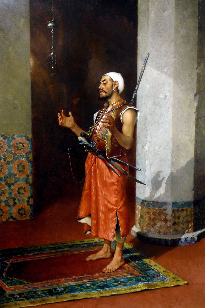 Turecká stráž se modlí, konec 19.-začátek 20. století (olej na plátně) od Theophile Marie Francois Lybaert