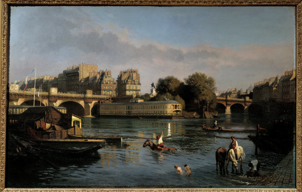 Nový most a špička Ile de la Cite. Pohled na Paříž. Obraz Theophila Meuniera (1800-1884) od Théophile Meunier