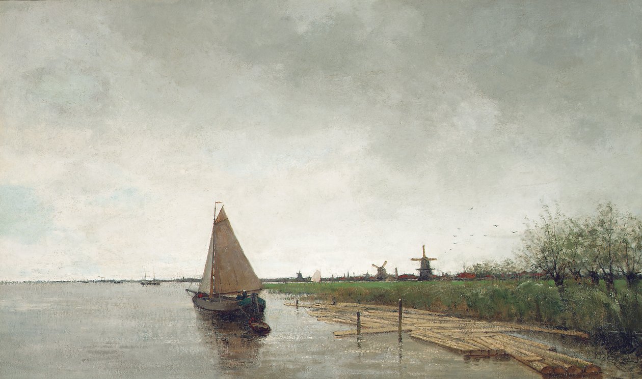 Říční krajina s plavidly, město za nimi (olej na plátně) od Theophile de Bock