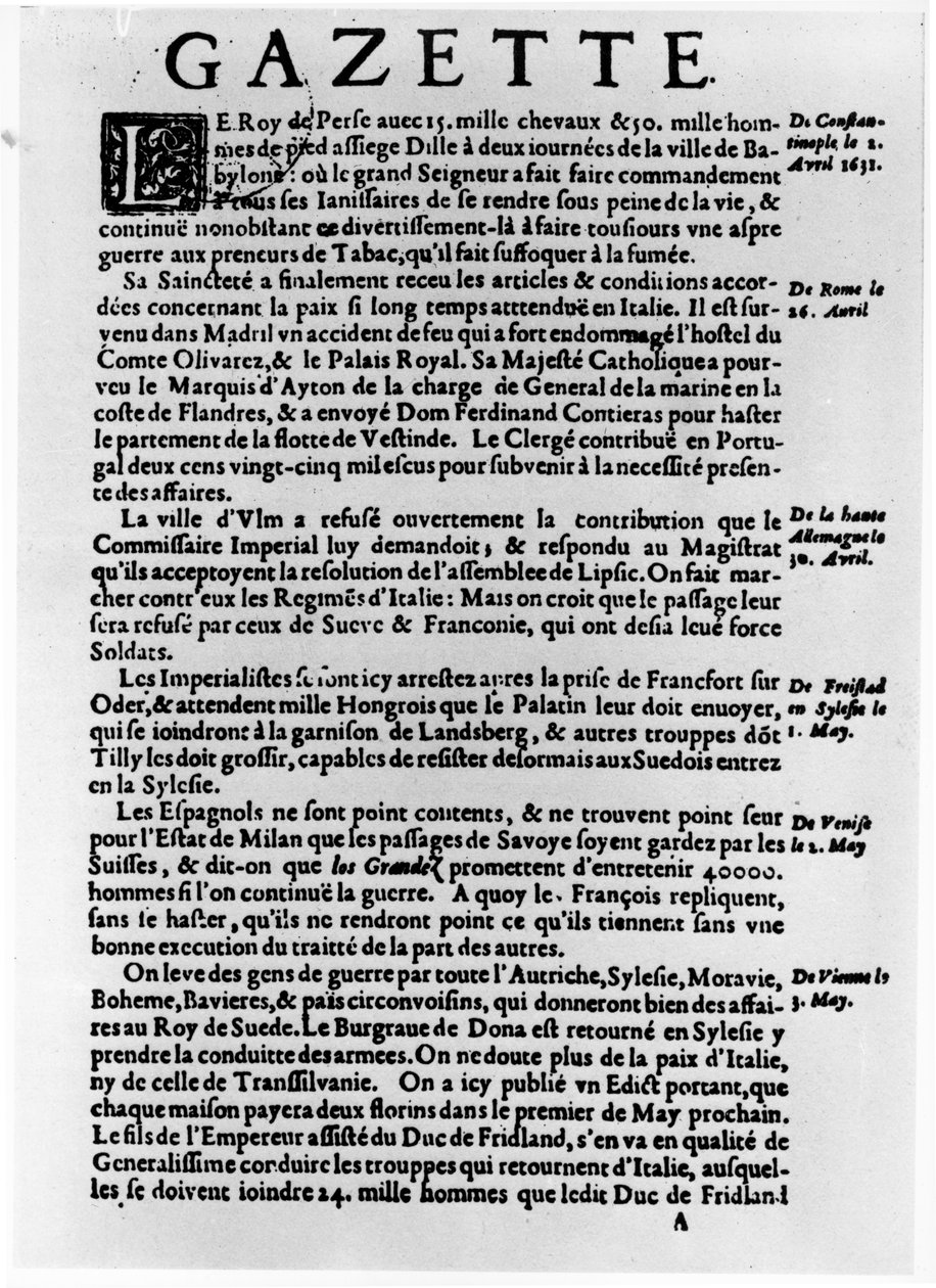 Stránka textu z "La Gazette" popisující obléhání města u Babylonu perským králem, 1632 od Theophraste Renaudot