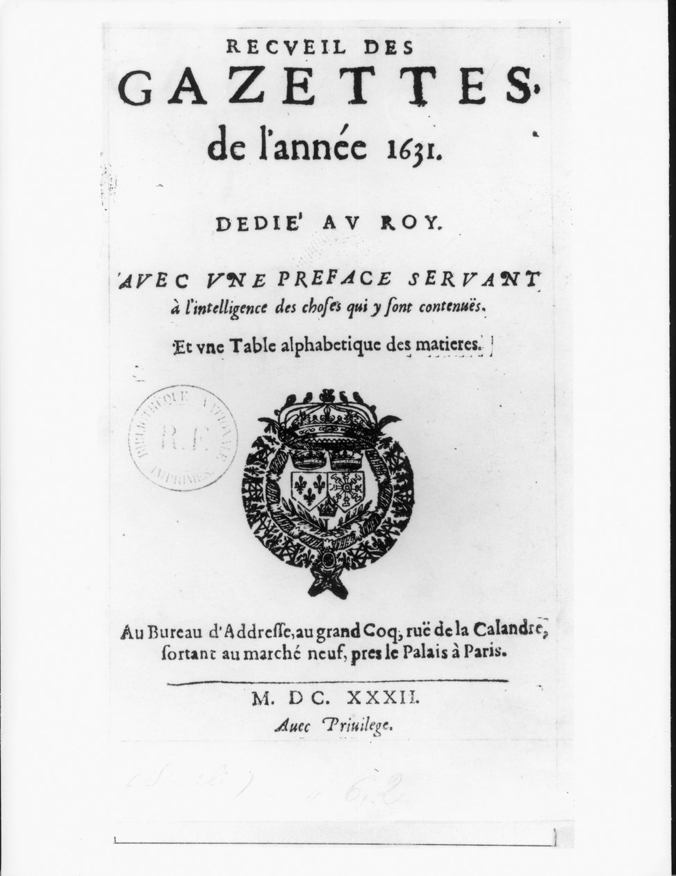 Titulní strana první sbírky "La Gazette", 1632 od Theophraste Renaudot