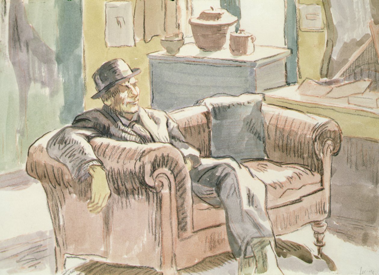 Walter Sickert sedící na pohovce, cca 1927 (černá křída a akvarel na papíře) od Therese Lessore