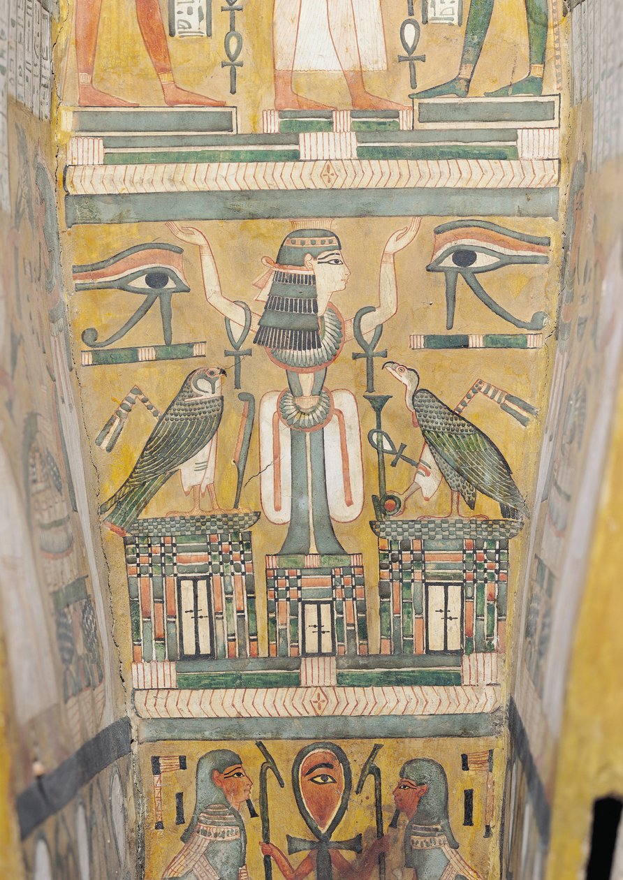Interiér rakve Imenemipeta zobrazující oko wedjat a ženu se zdviženýma rukama, 21.-22. dynastie (lakované dřevo) od Third Intermediate Period Egyptian