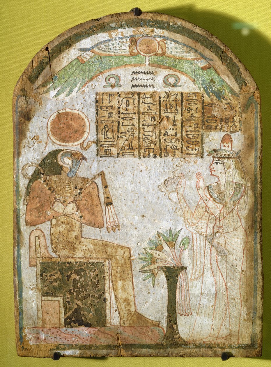 Stéla zobrazující Tachenes modlícího se před bohem Re-Horakhtym, 900 př. n. l. (malované dřevo) od Third Intermediate Period Egyptian