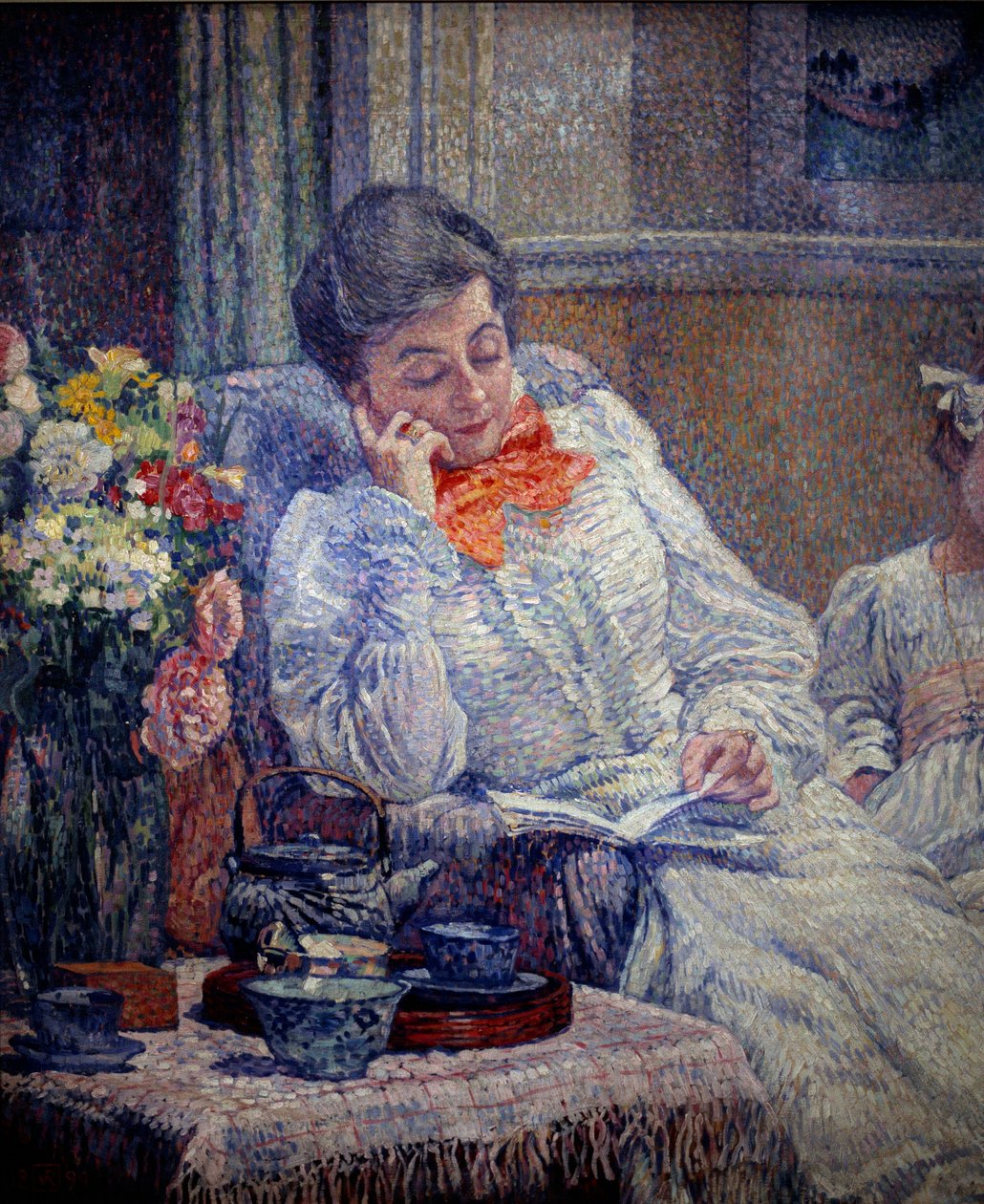 Belle epoque: “” Woman Reading”” Malba Theodora Van Rysselberghe (1862-1926) 1899 Brusel, Královské muzeum výtvarných umění od Théo van Rysselberghe