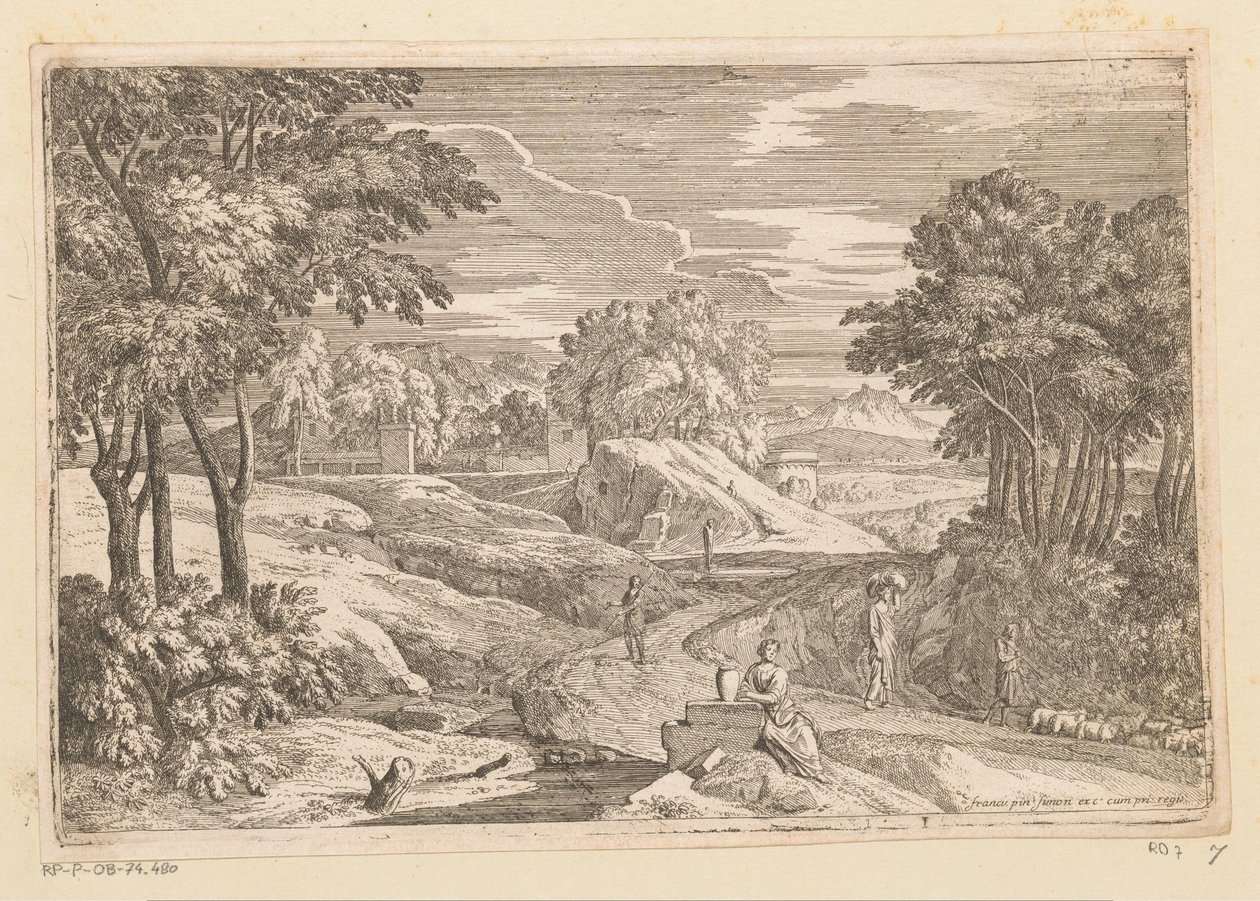 Arkádská krajina se ženou sedící u vázy a dalšími postavami Suite de Paysages (název série) od Théodore