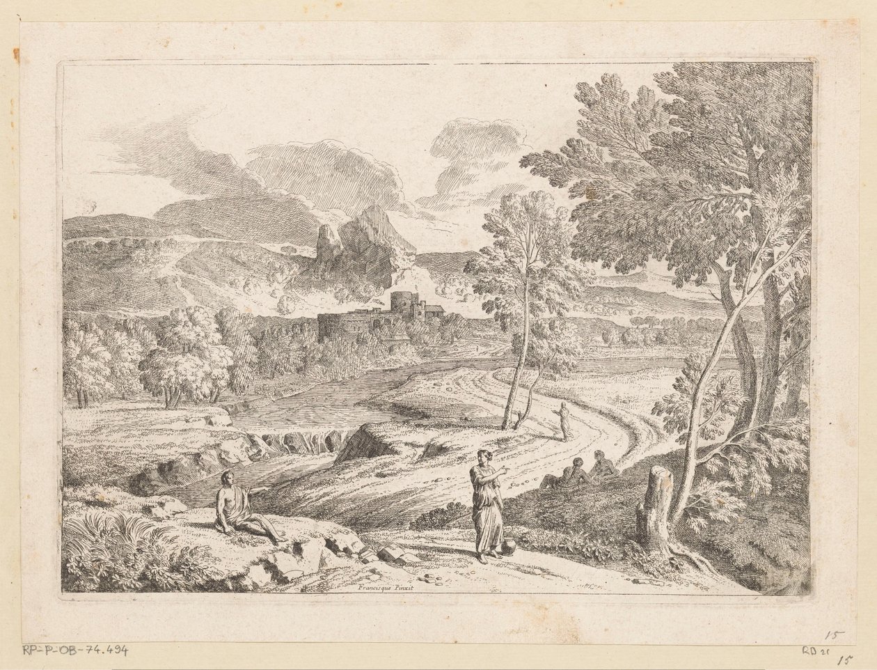 Arkádská krajina s postavami podél cesty u potoka Suite de Paysages (název série) od Théodore