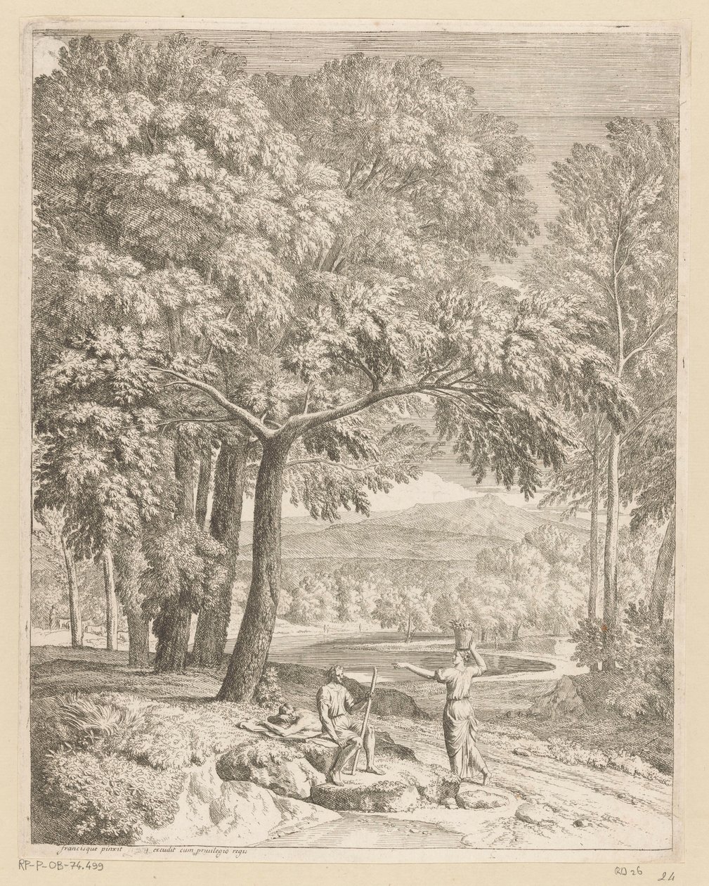 Arkádská krajina se dvěma muži a ženou nesoucí košík Suite de paysages (název série) od Théodore