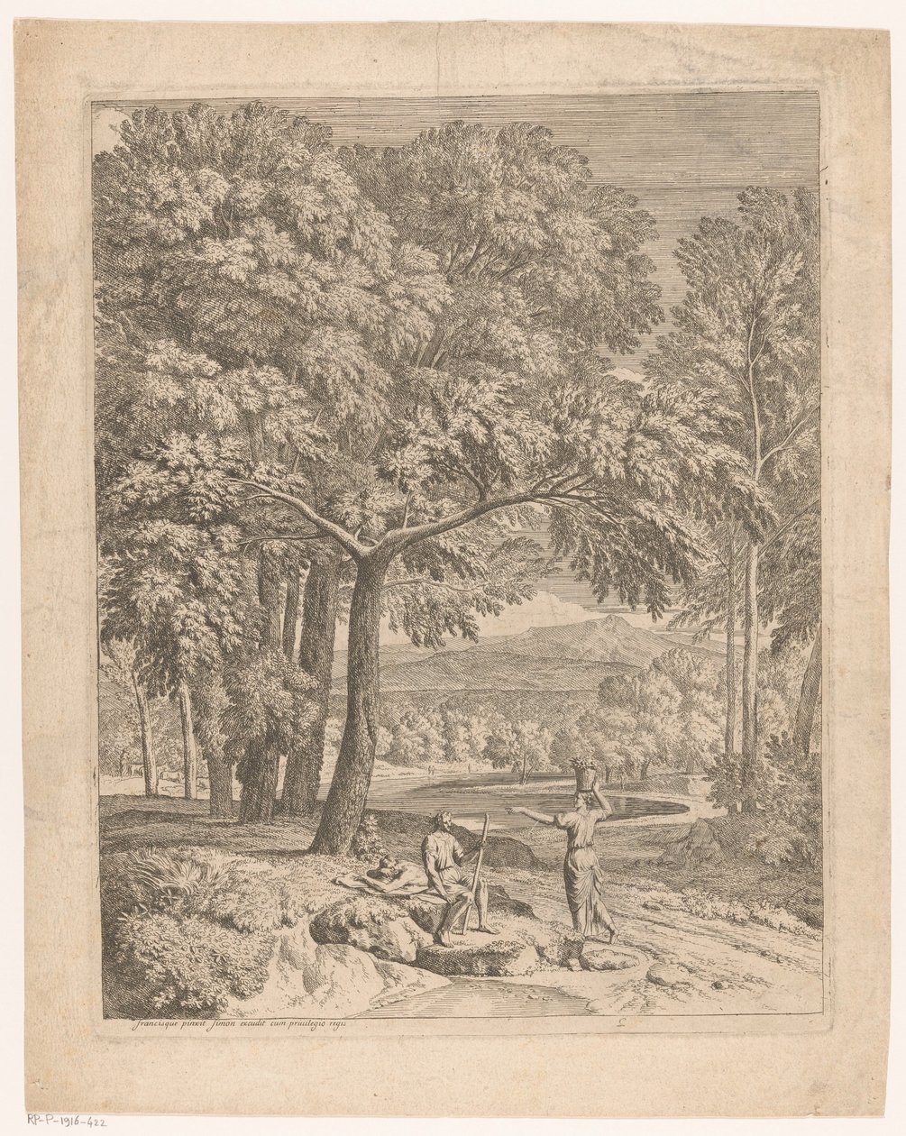 Arkádská krajina se dvěma muži a ženou nesoucí košík Suite de paysages (název série) od Théodore