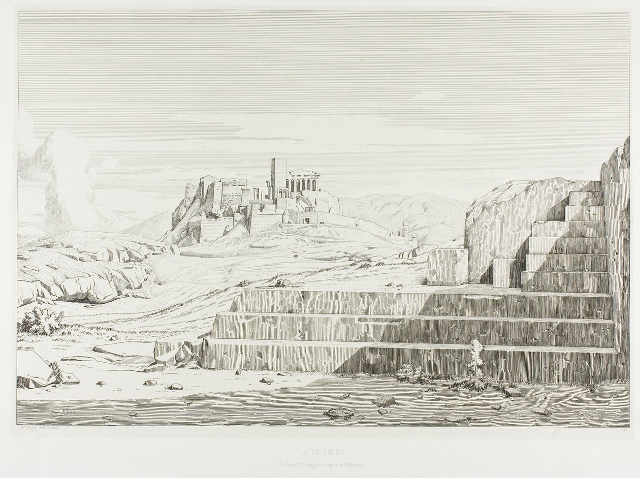 Akropole, Atény: Pnyx, Areopagus, Akropolis a hora Hymmettos. od Théodore Caruelle d