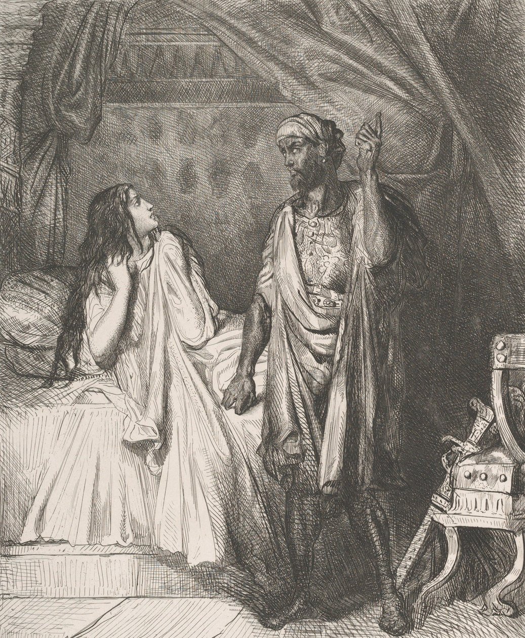 Modlila ses dnes večer, Dedesmono: deska 12 z Othello Act 5, ..., leptané 1844, přetištěno 1900. od Théodore Chassériau
