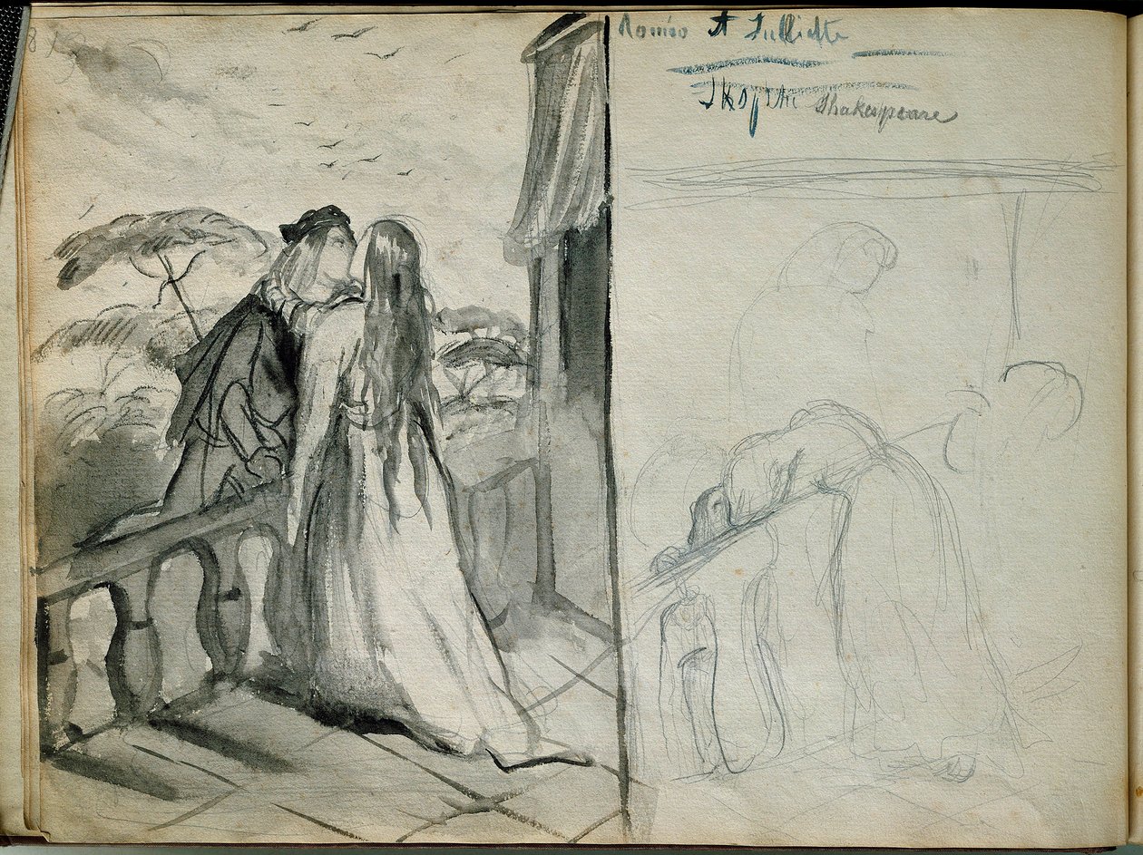 Milenci Romeo et Juliet Ilustrace stejnojmenného díla Williama Shakespeara (1564-1616) představující milence líbající se na balkóně. Skica Theodore Chasseriau (1819-1856) Paris. muzeum Louvre od Théodore Chassériau