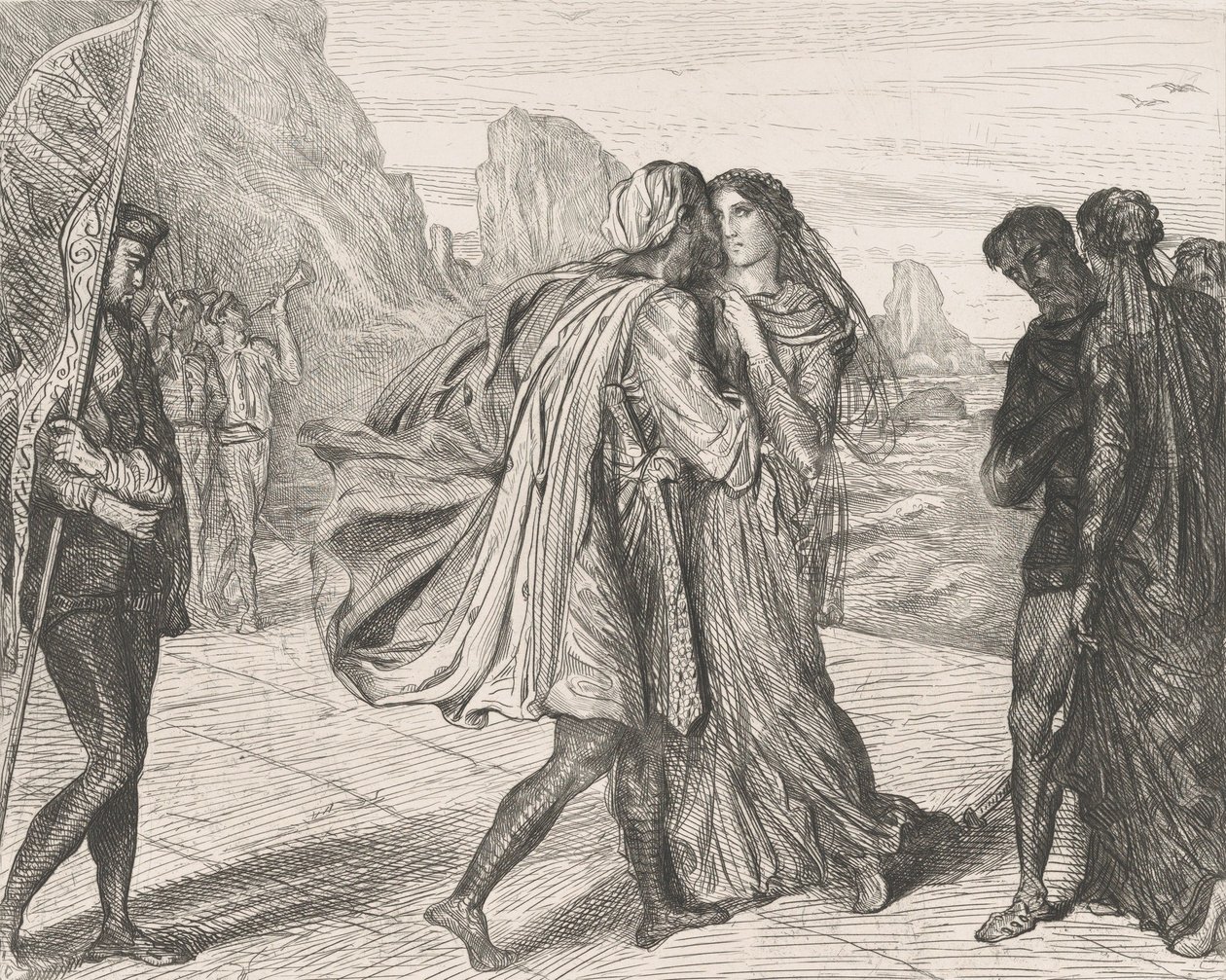 Ó můj spravedlivý válečníku!: deska 5 z Othello Act 2, scéna 1, leptané 1844, přetištěno 1900. od Théodore Chassériau