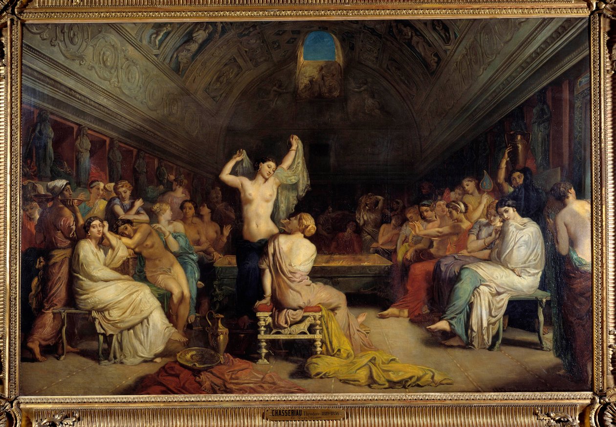 Tepidárium. Ženy se znovu sešly v části teplých lázní za starého Říma. Obraz Theodore Chasseriau (1819-1856). Olej na plátně od Théodore Chassériau