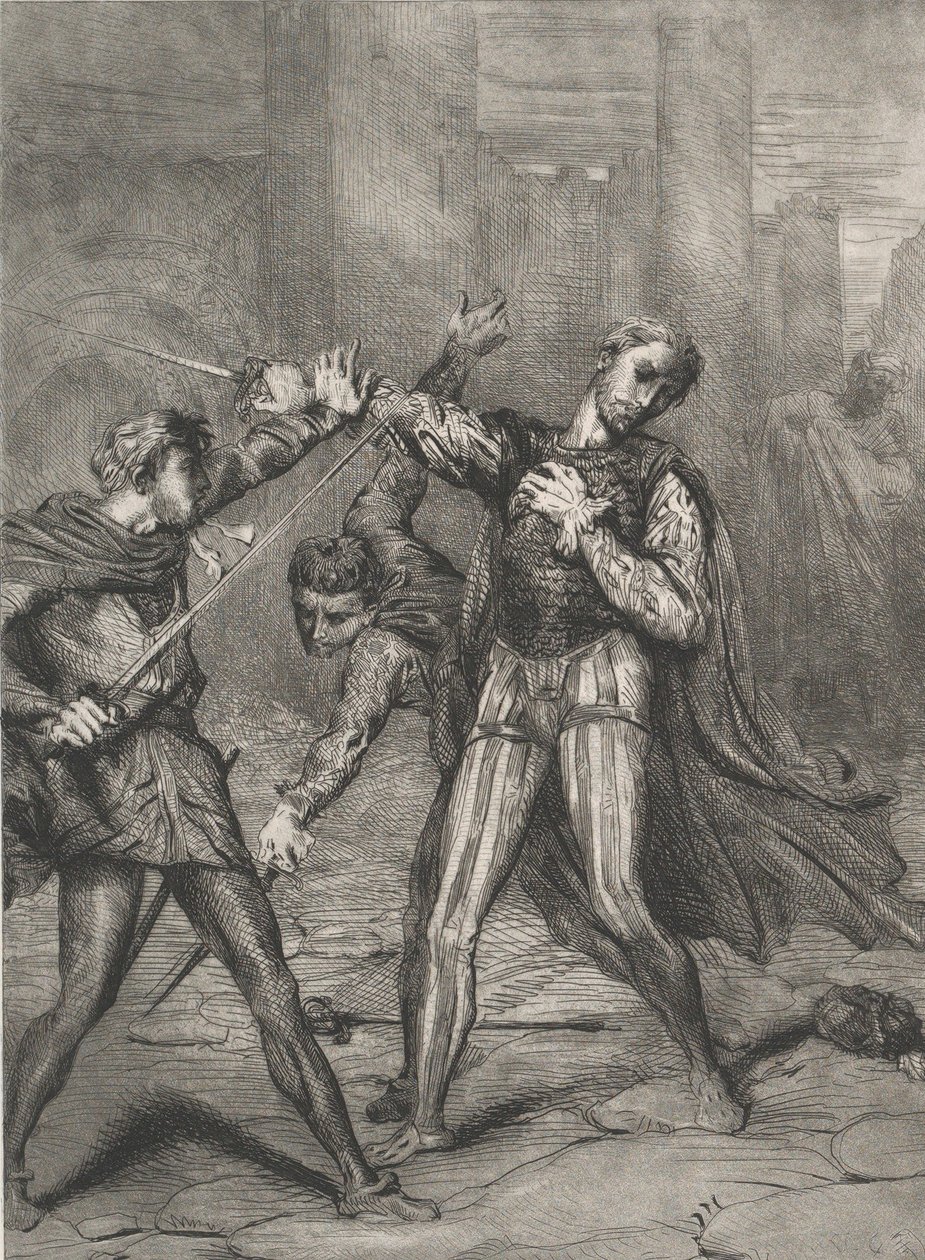 Darebáku, zemřeš: deska 10 z Othello Act 5, scéna 1, leptané 1844, přetištěno 1900. od Théodore Chassériau