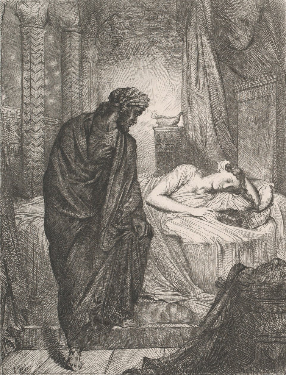 Přesto musí zemřít: deska 11 z Othello Act 5, scéna 2, leptaná 1844, přetištěná 1900. od Théodore Chassériau