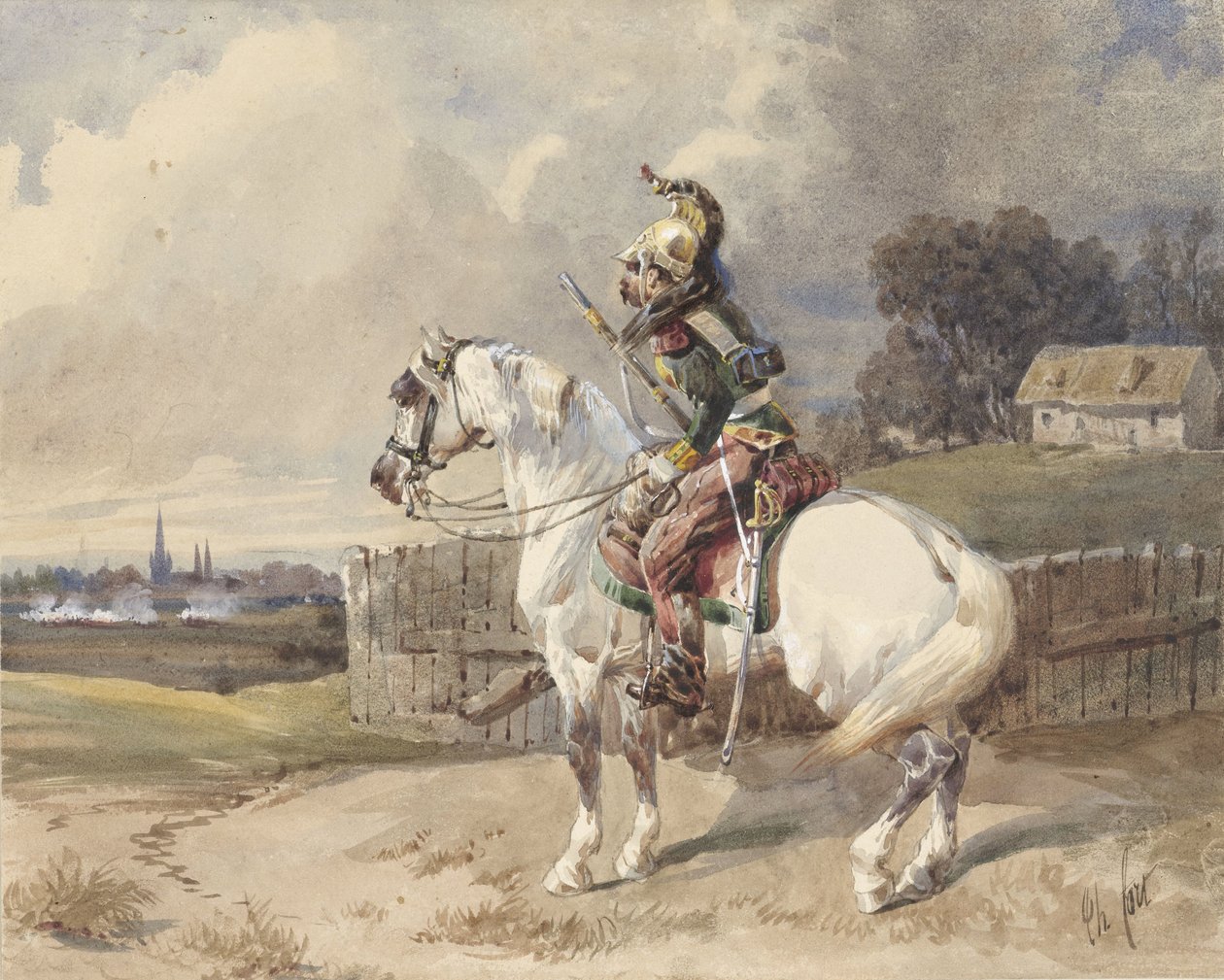Francouzský dragoun na bílém koni, otočený doleva, z profilu od Théodore Fort (signed by artist)