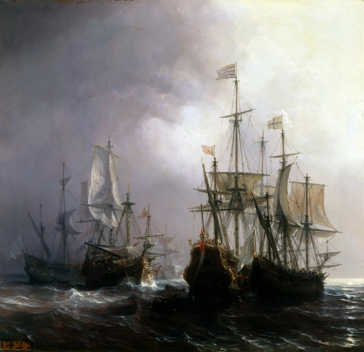 Zachycení tří holandských obchodních plavidel francouzskými loděmi Fidèle, Mutine a Jupiter v roce 1711 od Jean Antoine Theodore Gudin