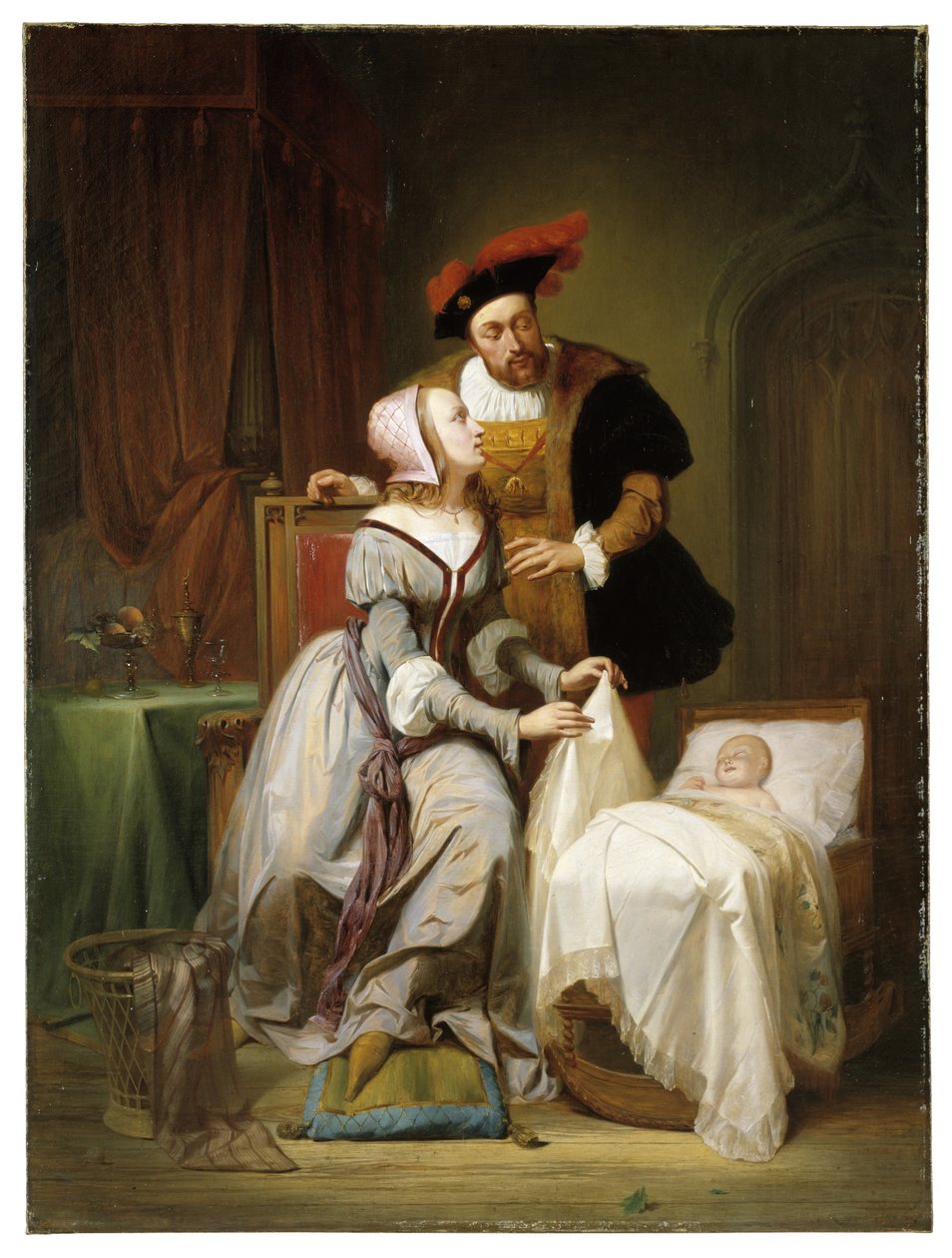 Císař Karel a jeho paní Johanna Van der Gheynst u kolébky své dcery Markéty od Theodore Joseph Canneel