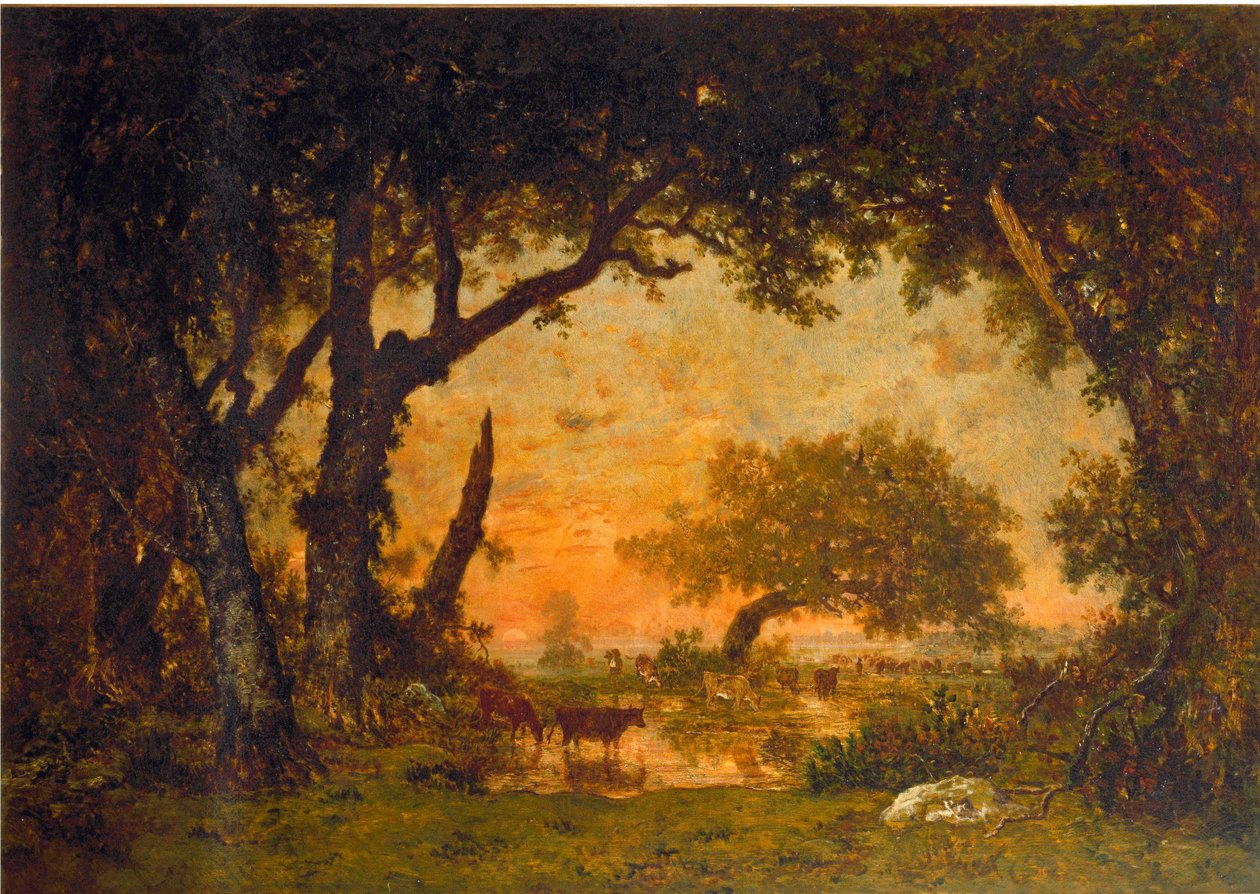Výjezd z lesa ve Fontainebleau, západ slunce (olej na plátně od Pierre Etienne Theodore Rousseau