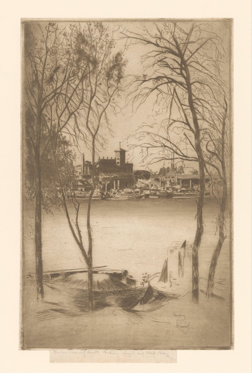 Pohled na řeku s přístavem a průmyslem Laburnums a Battersea od Théodore Roussel (signed by artist)