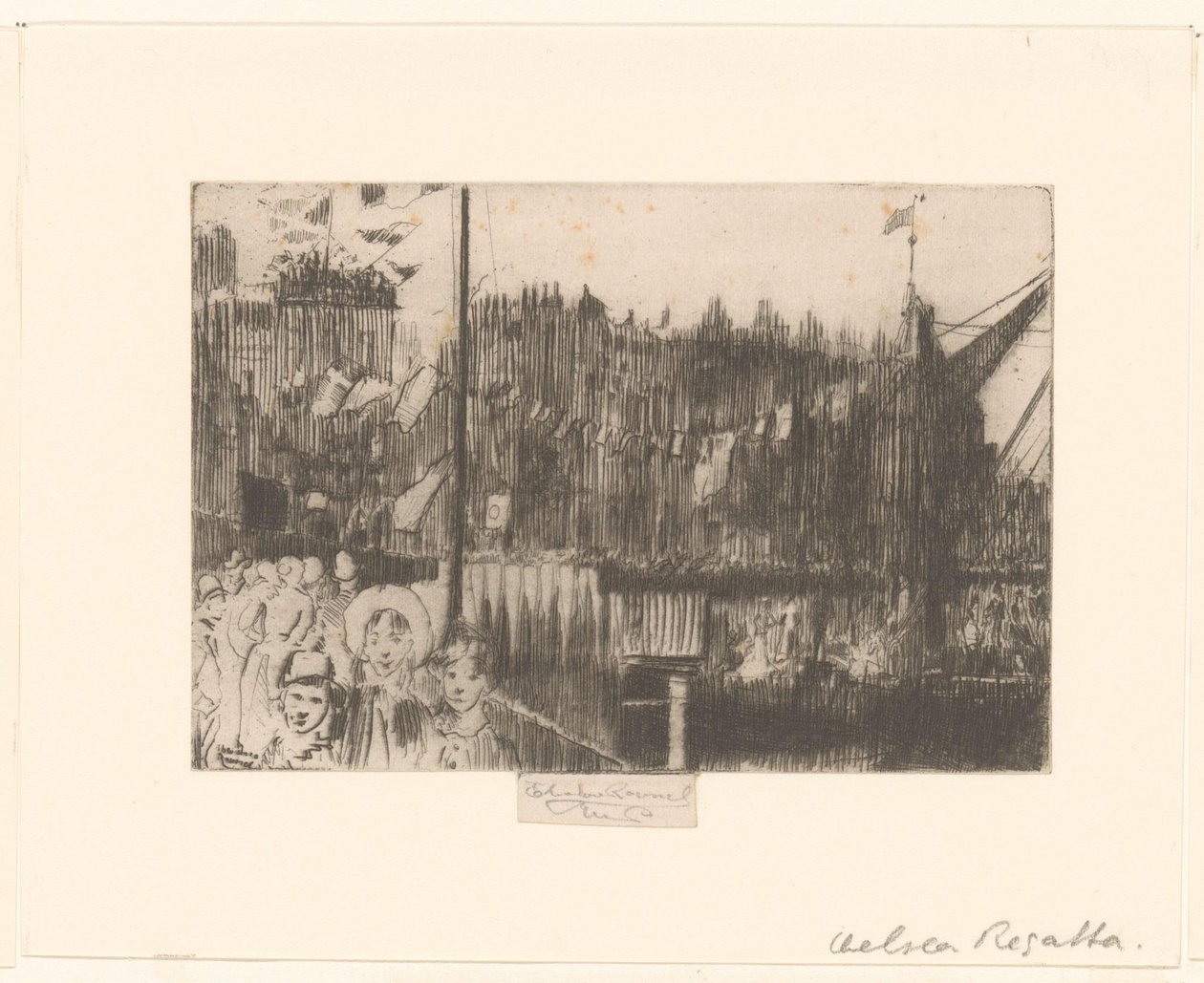 Panoráma města s postavami na nábřeží zdobené vlajkami Chelsea Regatta od Théodore Roussel (signed by artist)