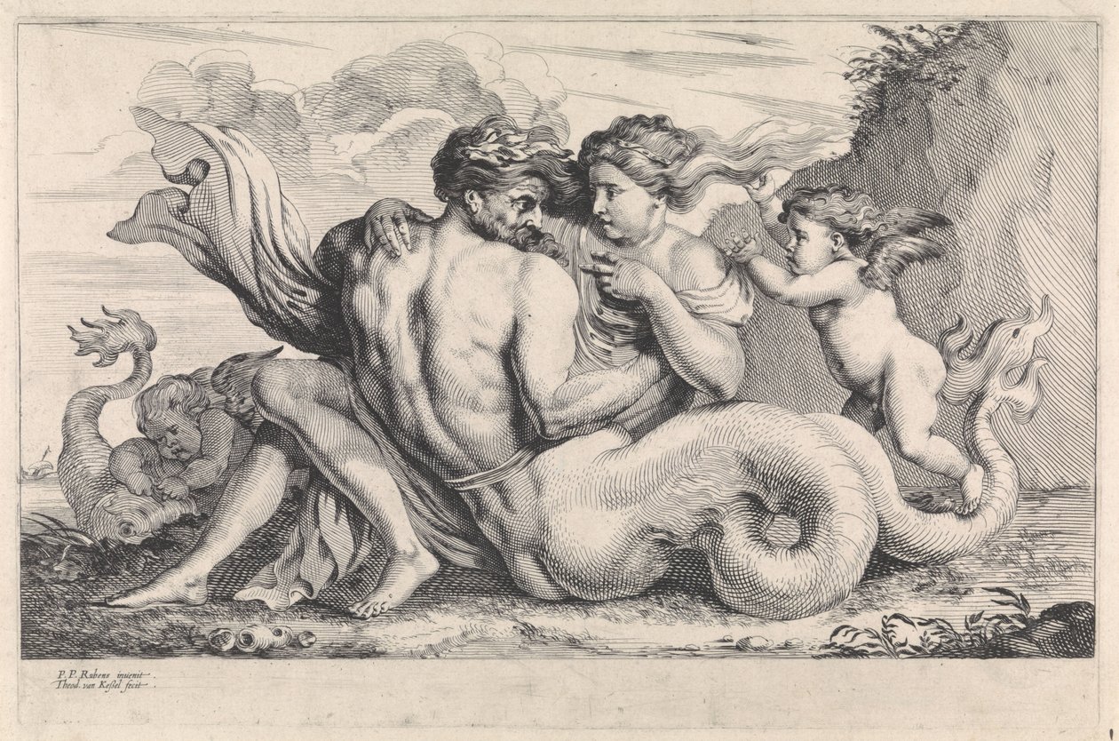 Siréna a triton Mytologické postavy (název série) od Théodorus van Kessel