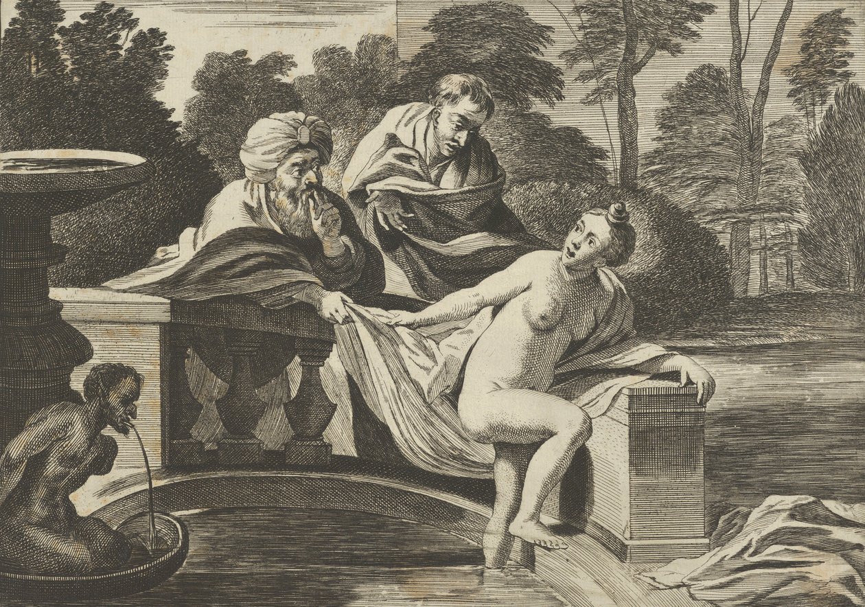 Susanna, částečně nahá a vycházející z fontány se dvěma staršími vlevo, jeden o..., ca. 1656-60. od Théodorus van Kessel
