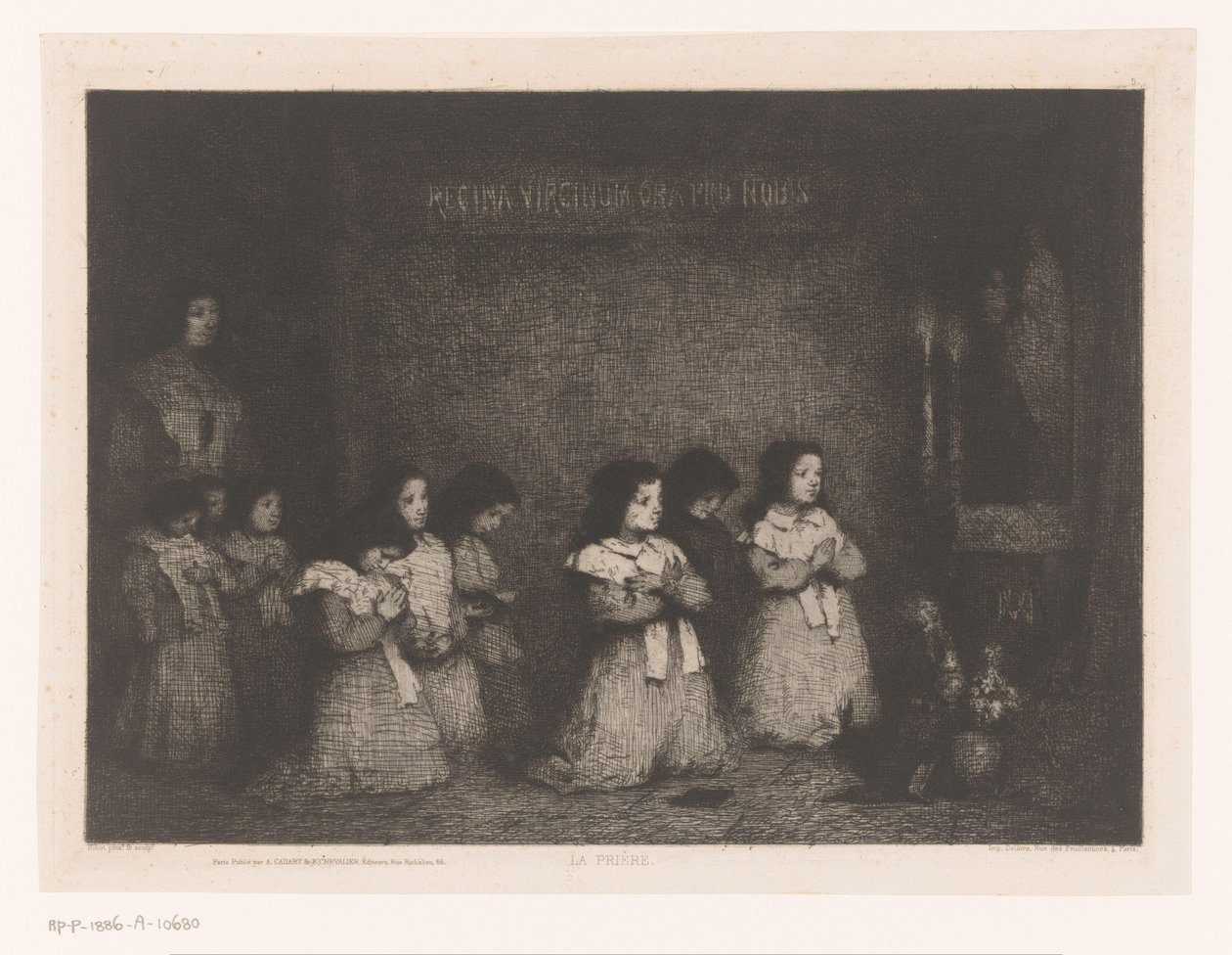 Skupina dívek v modlitbě před sochou Marie La Priere (název na objektu) Eaux-Fortes Modernes: Originales et Inédites (název série) od Théodule Augustin Ribot