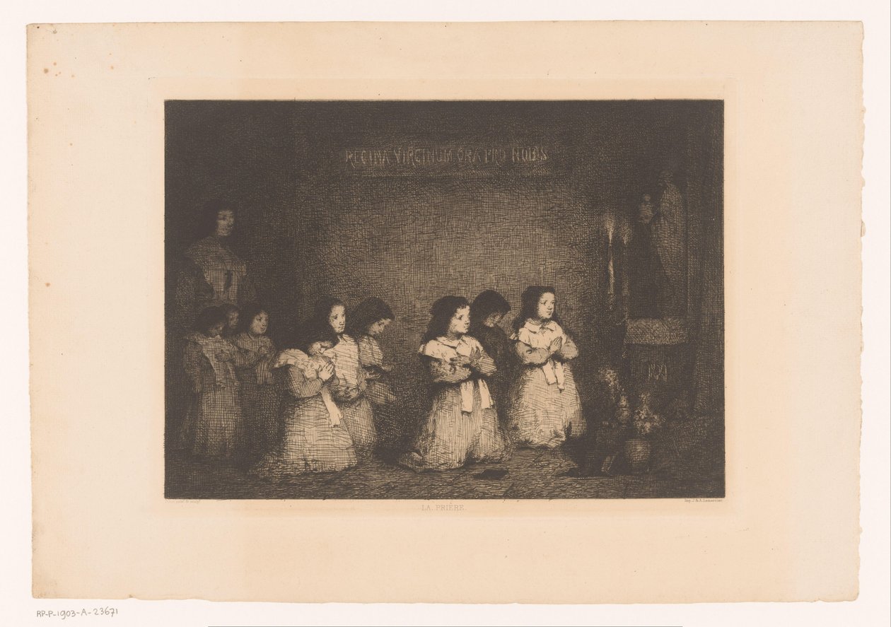 Skupina dívek v modlitbě před sochou Marie La Priere (název na objektu) Eaux-Fortes Modernes: Originales et Inédites (název série) od Théodule Augustin Ribot