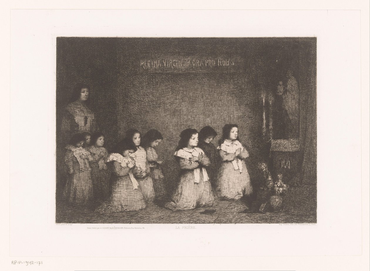 Skupina dívek v modlitbě před sochou Marie La Priere (název na objektu) Eaux-Fortes Modernes: Originales et Inédites (název série) od Théodule Augustin Ribot