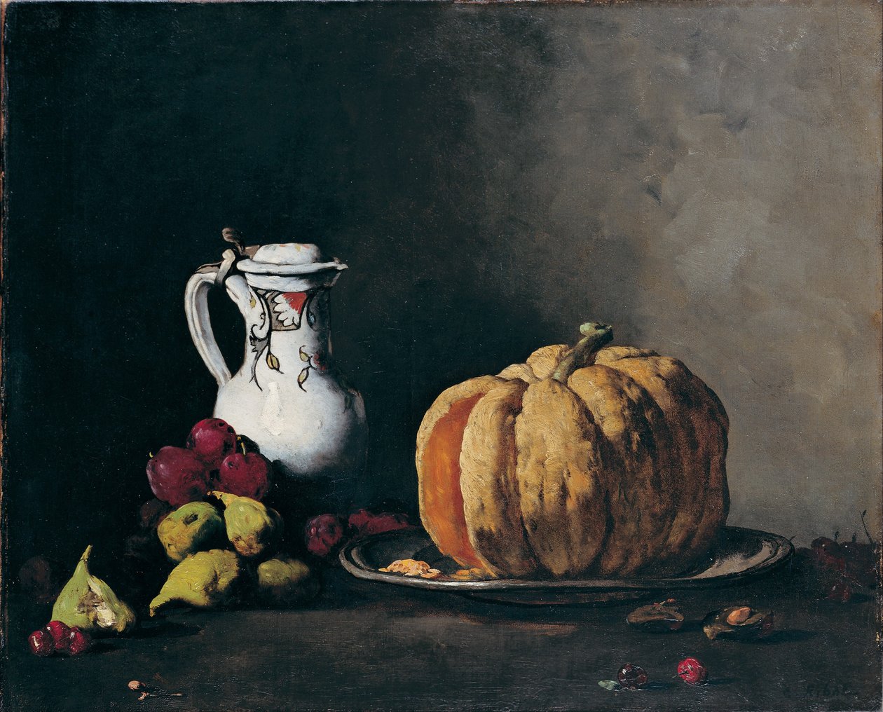 Zátiší s dýní, švestkami, třešněmi, fíky a džbánem, cca 1860 od Théodule Augustin Ribot