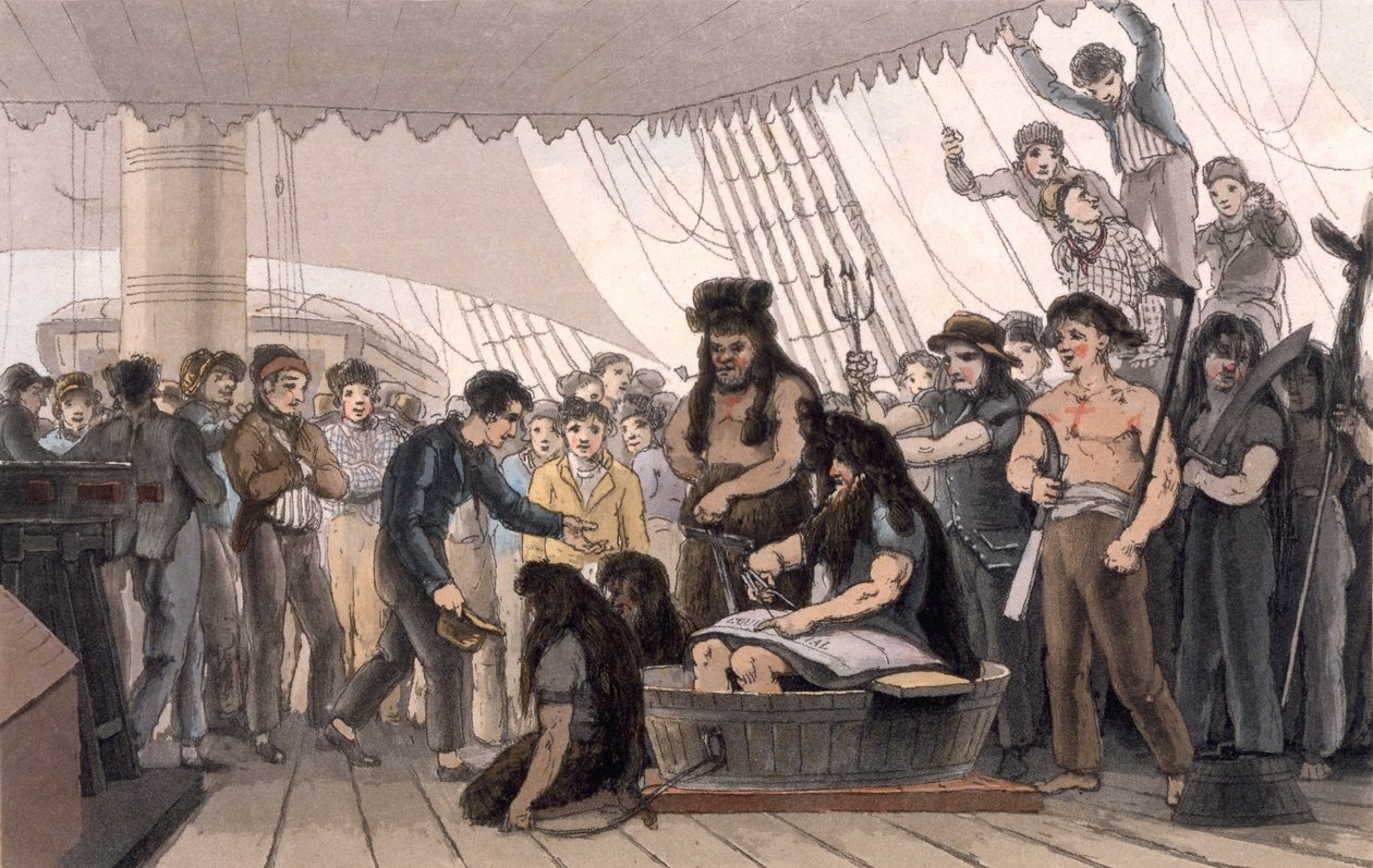 Crossing the Line (oblékání při překročení rovníku), z „Plebečné cesty do Indie, cestou Číny“, 1810 od Thomas und William Daniell