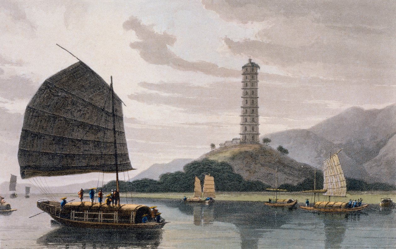 Pagoda Wham Poa, s loděmi plujícími vpředu, z „Malebné cesty do Indie, cestou Číny“, 1810 od Thomas und William Daniell