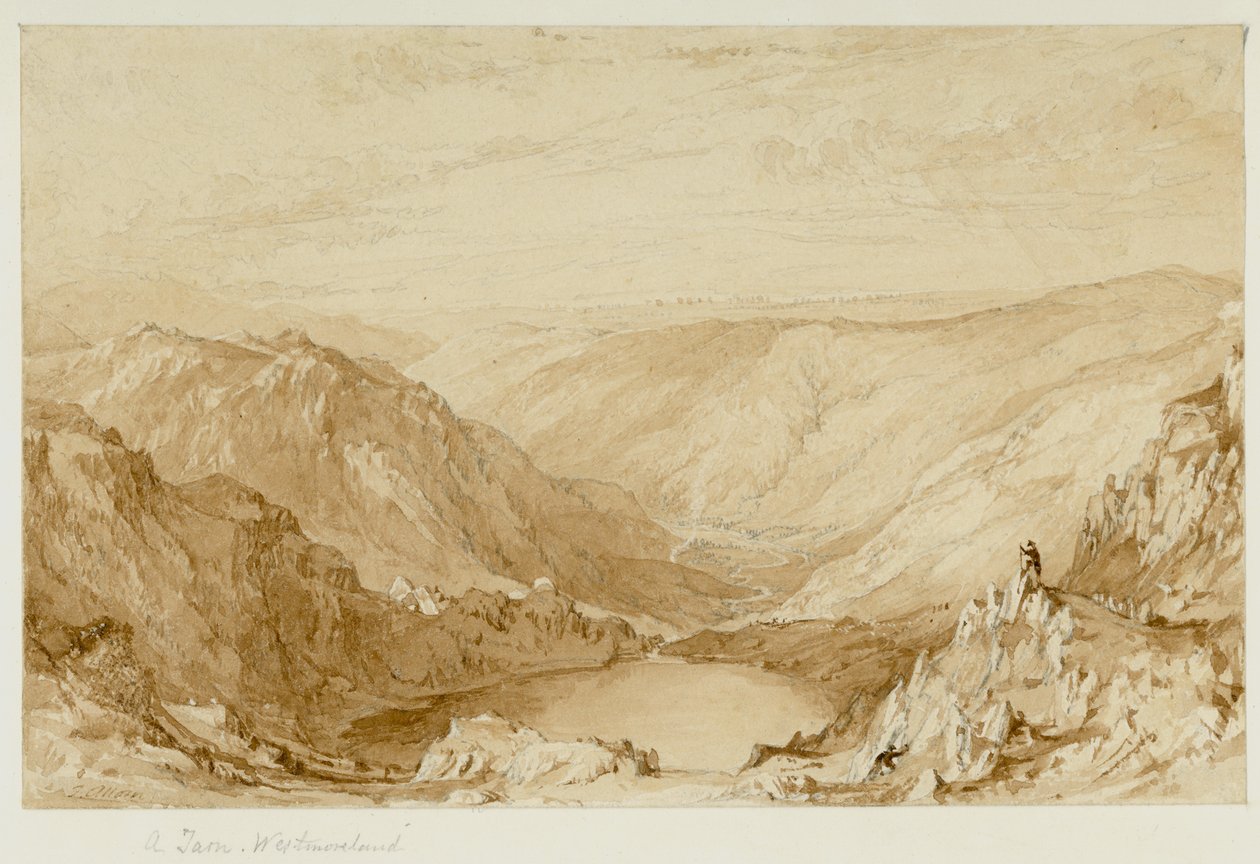A Tarn, Westmorland (Small Water Tarn z Nanbieldu, Pohled do Mardale) (tužka a akvarel (sépie) na papíře) od Thomas Allom