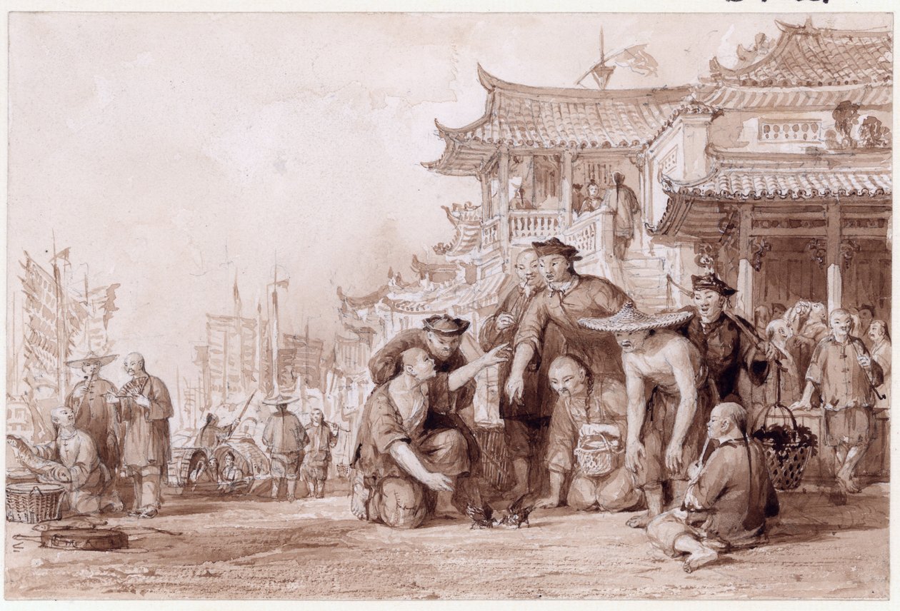 Canton Bargemen Fighting Quails, 1843 (inkoust a tužka na papíře) od Thomas Allom