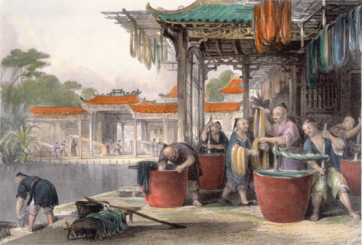 Barvení a navíjení hedvábí, z „Čína v řadě pohledů“ od George Newenhama Wrighta (asi 1790-1877), vyryto G. Patersonem, 1843 od Thomas Allom