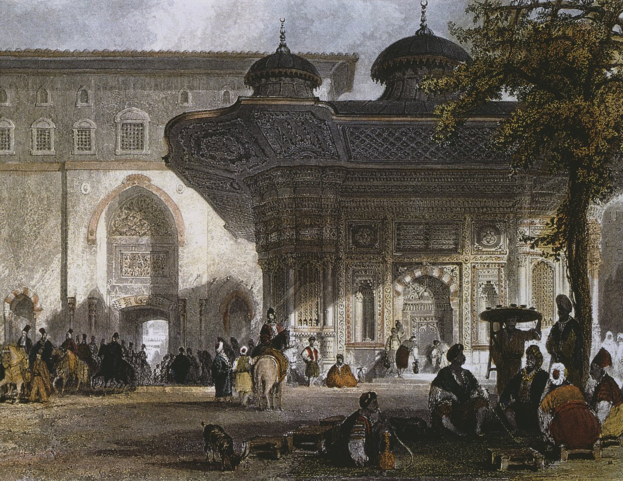 Císařská brána paláce Topkapi a fontána sultána Ahmeda III., Istanbul, 1839 (barevná rytina) od Thomas Allom