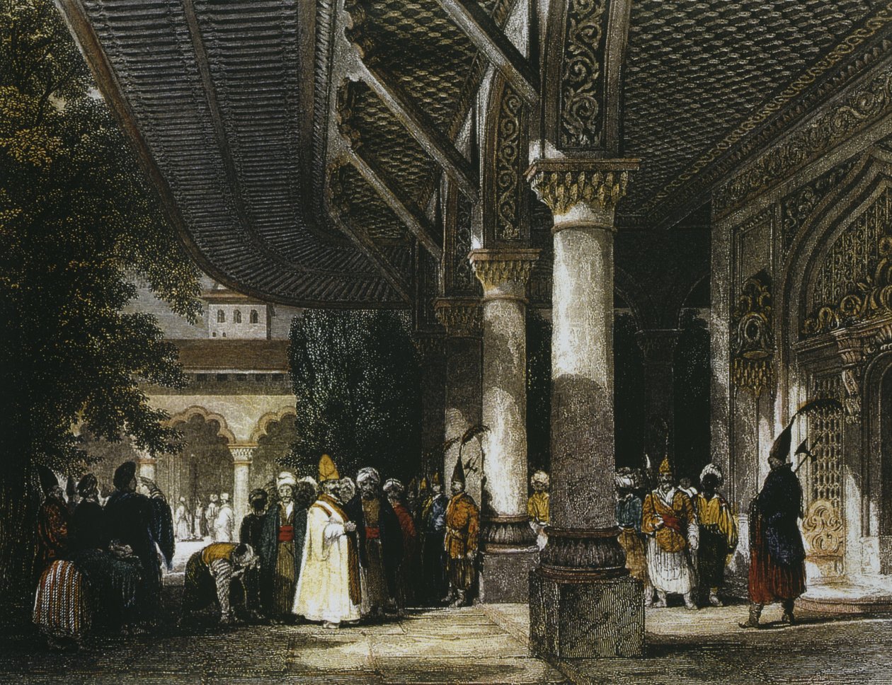 Interiér paláce Topkapi s Bránou štěstí (Bab-i-Saadet) Istanbul, 1839 (barevná rytina) od Thomas Allom