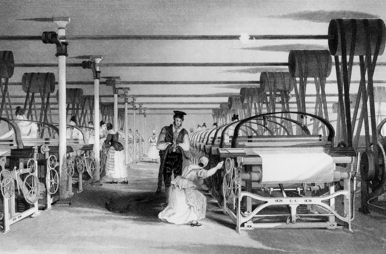 Power Loom Weaving, vyryl J. Tingle, 1835 od Thomas Allom