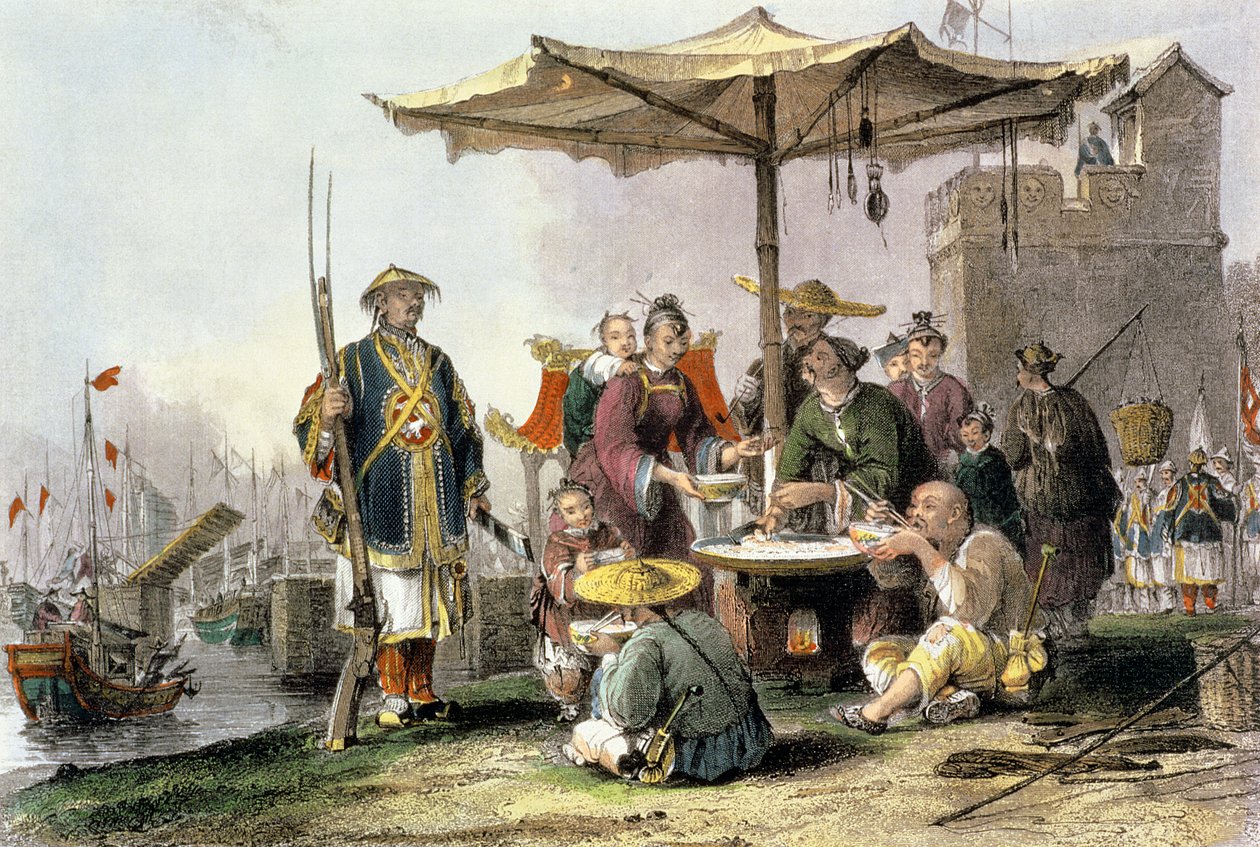 Prodavači rýže na vojenské stanici Tong-Chang-Too, z „Čína v řadě pohledů“ od George Newenhama Wrighta (asi 1790-1877) 1843 od Thomas Allom