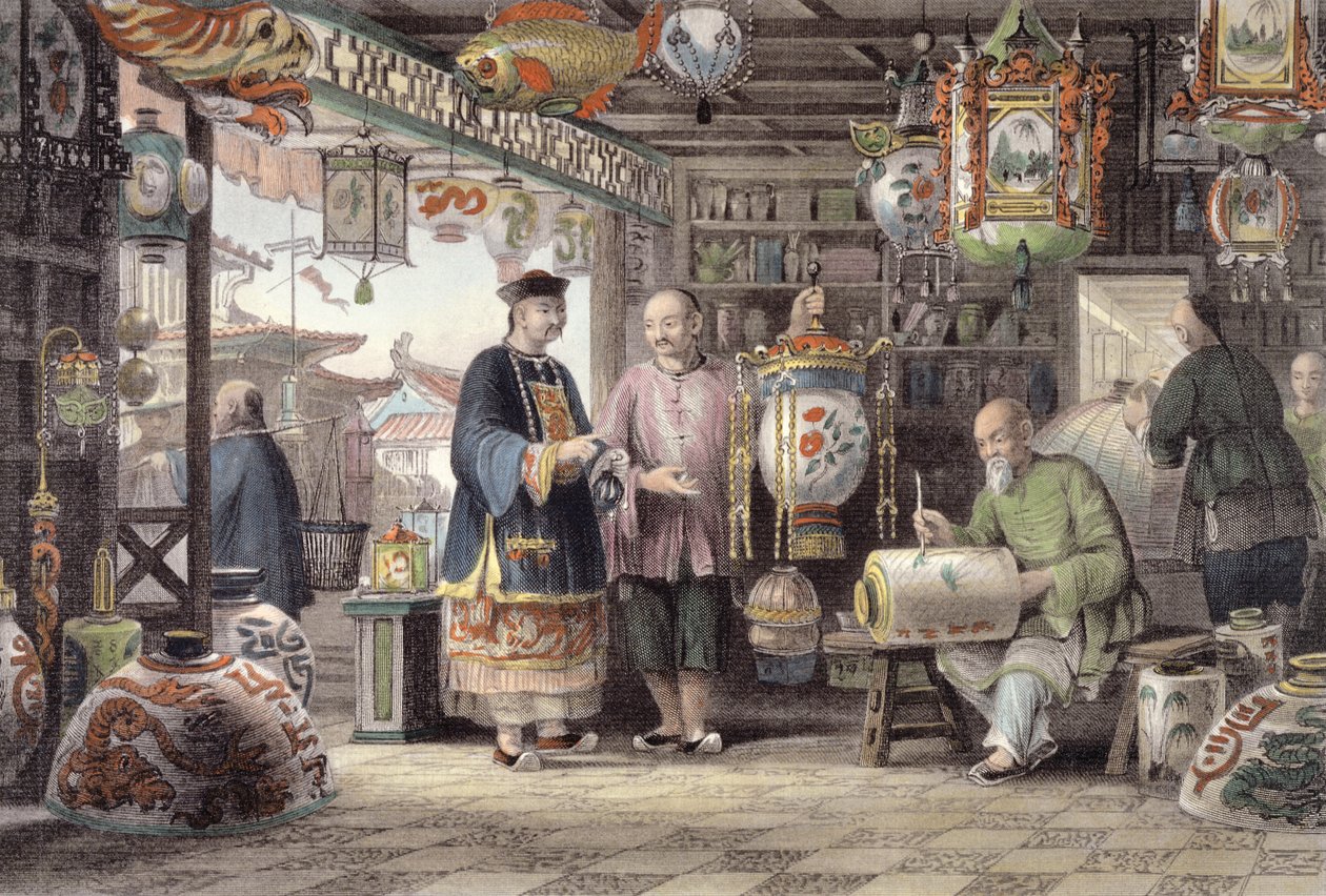 Showroom obchodníka s lucernami v Pekingu, z „Čína v řadě pohledů“ od George Newenhama Wrighta (asi 1790-1877) 1843 od Thomas Allom
