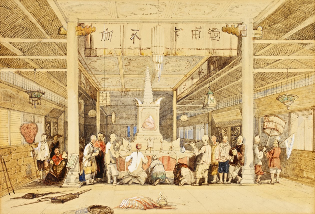 Temple of Buddha, Canton, c.1850 (pero a inkoust, tužka, lavír, zvýrazněno bílou na papíře) od Thomas Allom