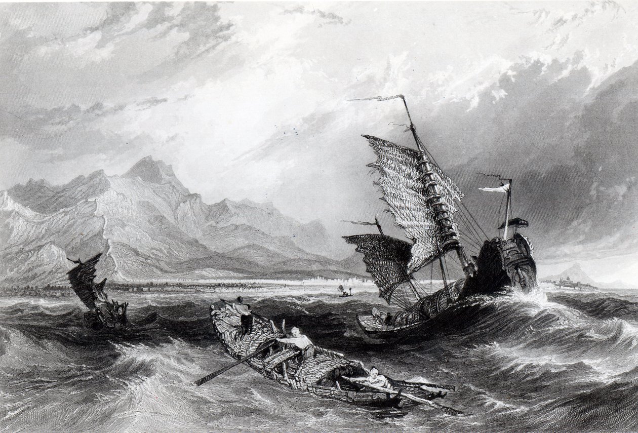 Ukončení Velké čínské zdi, záliv Pecheli, z „Čína v řadě pohledů“ od George Newenhama Wrighta, vyryto Jamesem Baylisem Allenem, 1843 od Thomas Allom