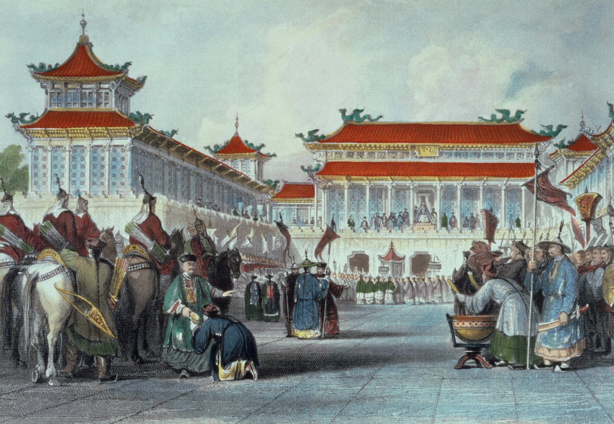Císař Teaon-Kwang prohlíží své stráže, palác v Pekingu, z „Čína v řadě pohledů“ od George Newenhama Wrighta (asi 1790-1877) 1843 od Thomas Allom