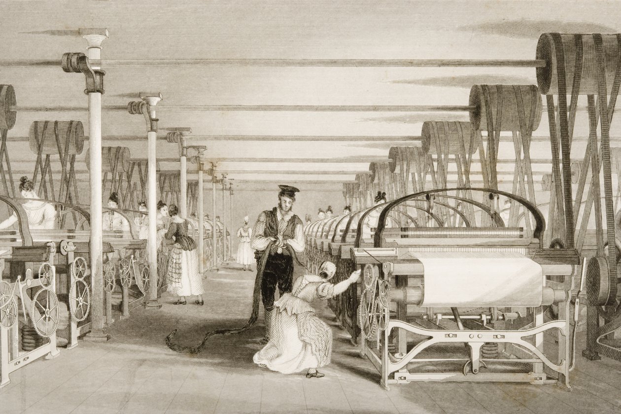 Weaving on Power Looms, Cotton factory floor, ryl James Tingle (fl.1830-60) c.1830 od Thomas Allom