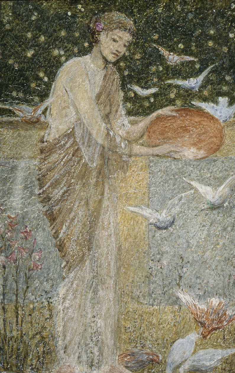 Dívka krmení holubů. Jedna ze tří skic pro výzdobu Bank Hall, poblíž Chapel-en-le-Frith, Derbyshire od Thomas Armstrong