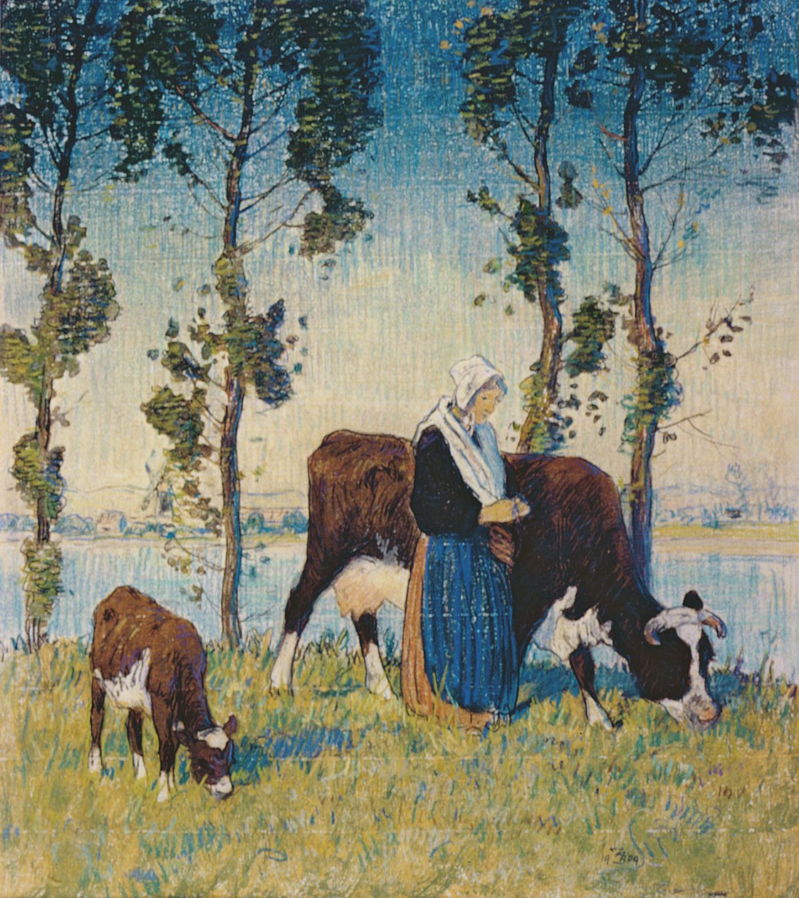 Žena s krávou a teletem (pastel) od Thomas Austen Brown