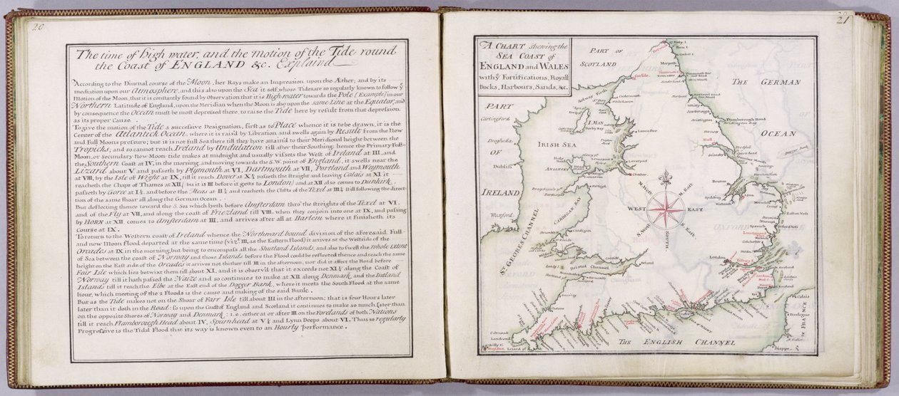 Tabulka znázorňující mořské pobřeží Anglie a Walesu, deska z „Úplná sada map Anglie a Walesu obecně...“, 1724 (pero a inkoust a wc na papíře) od Thomas Badeslade